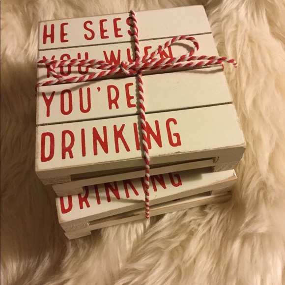 Mud Pie Other - 🎅🏽 He sees you when you’re drinking 🍷Coasters😂 Wood Crate style